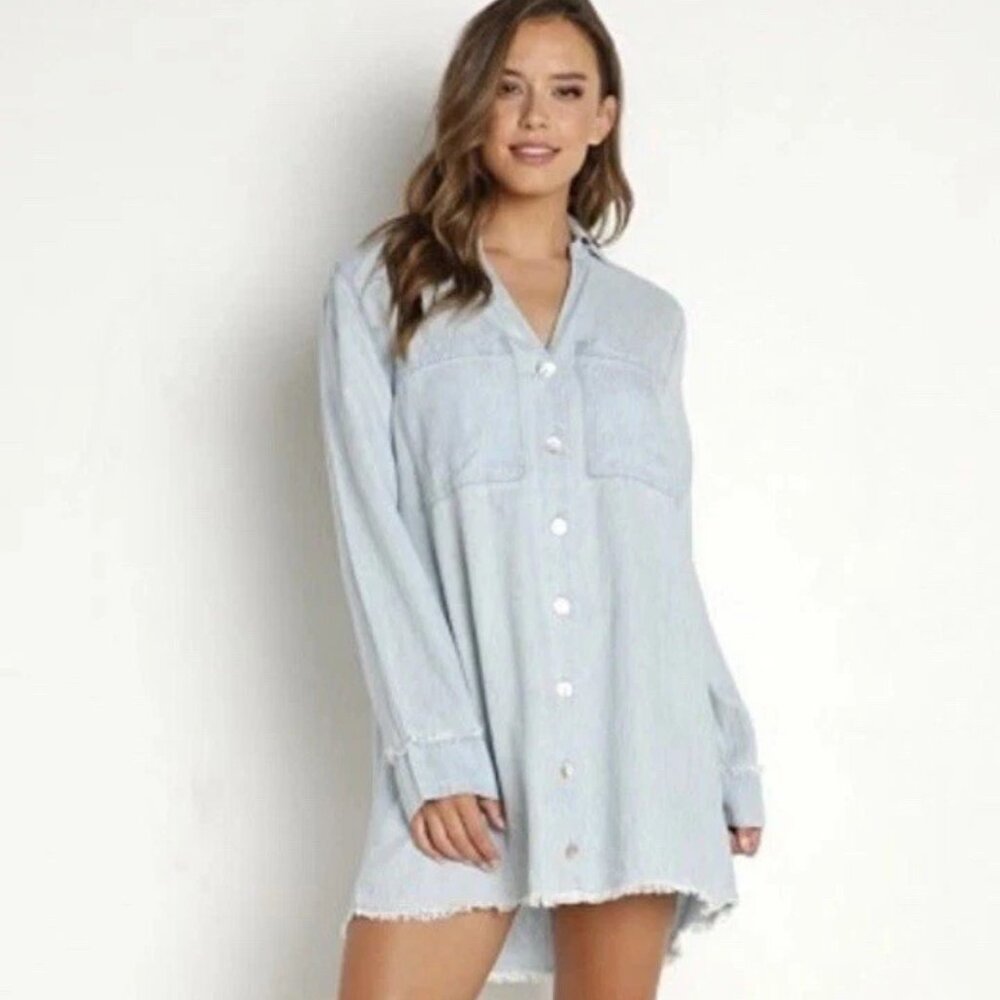 SHOW ME YOUR MUMU Light Blue "Wilmington" Long Sleeve Mini Shirtdress Sz M